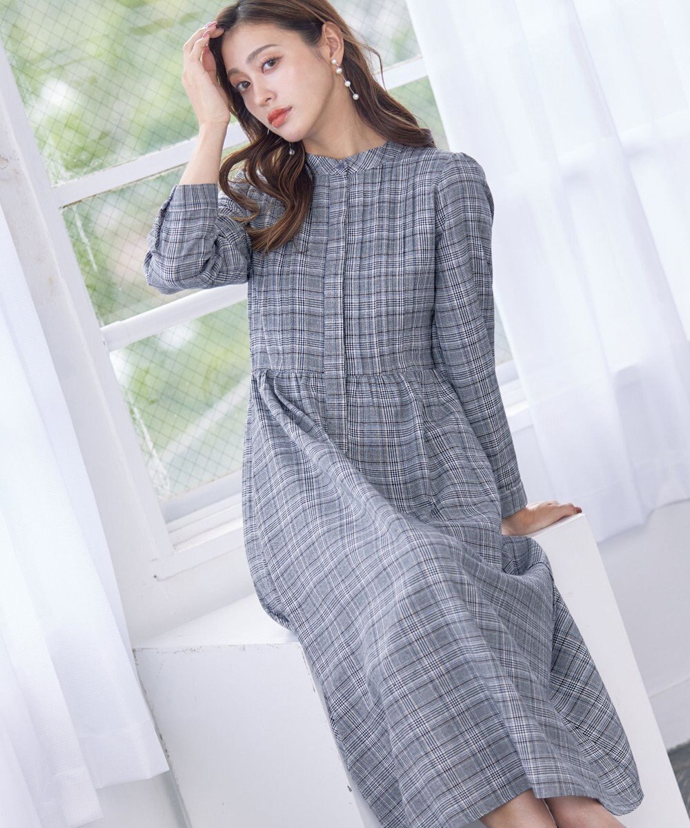 Tiaclasse 【洗える】バンドカラーチェック柄シャツワンピース 