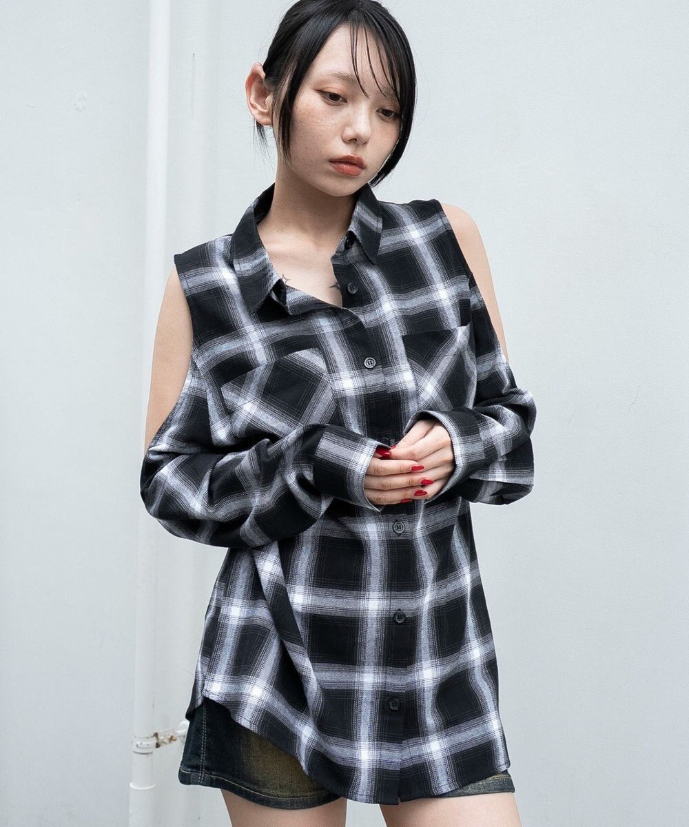 WEGO オープンショルダーチェックBIGシャツ 