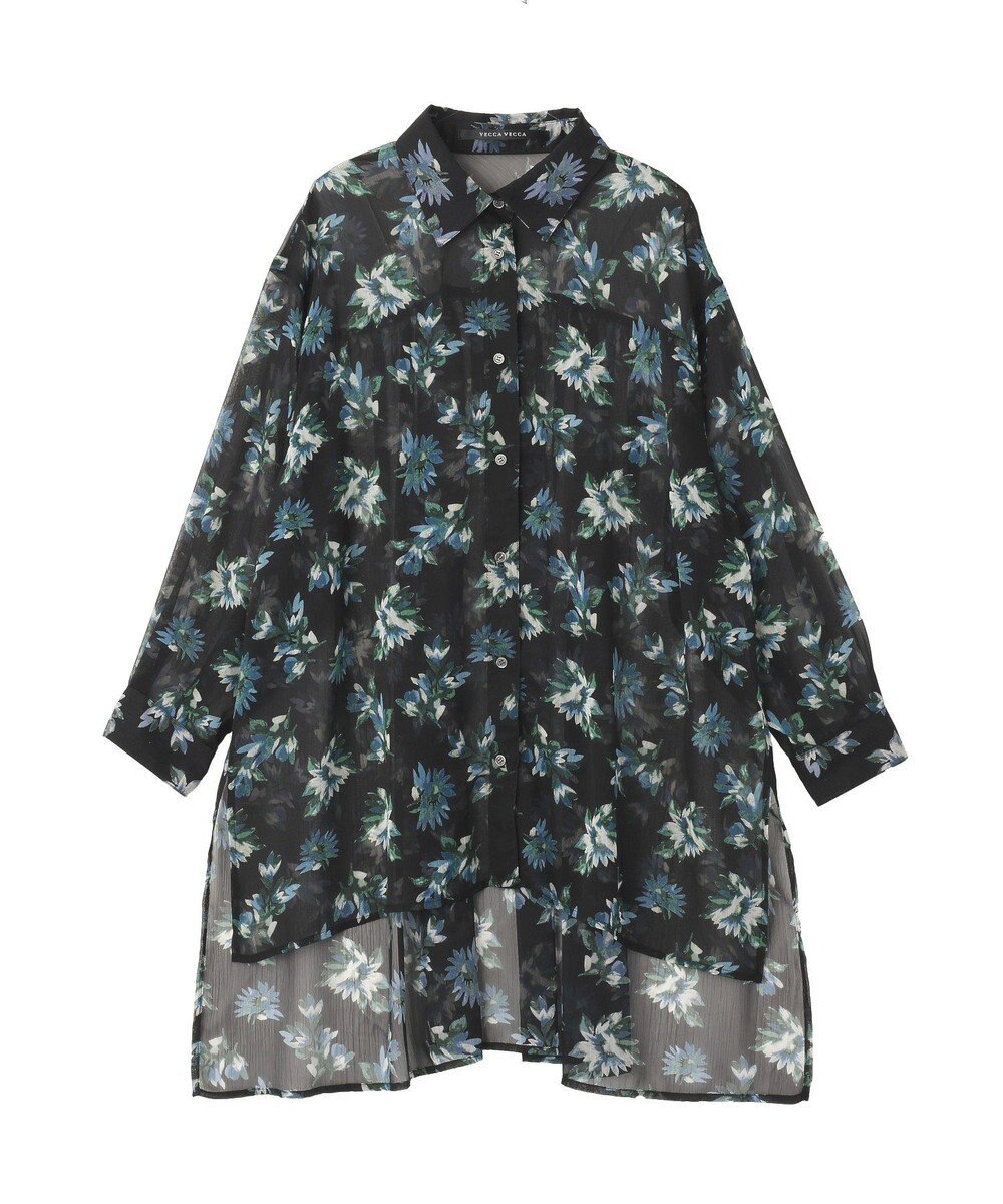 YECCA VECCA フラワー柄シアーロングシャツ 