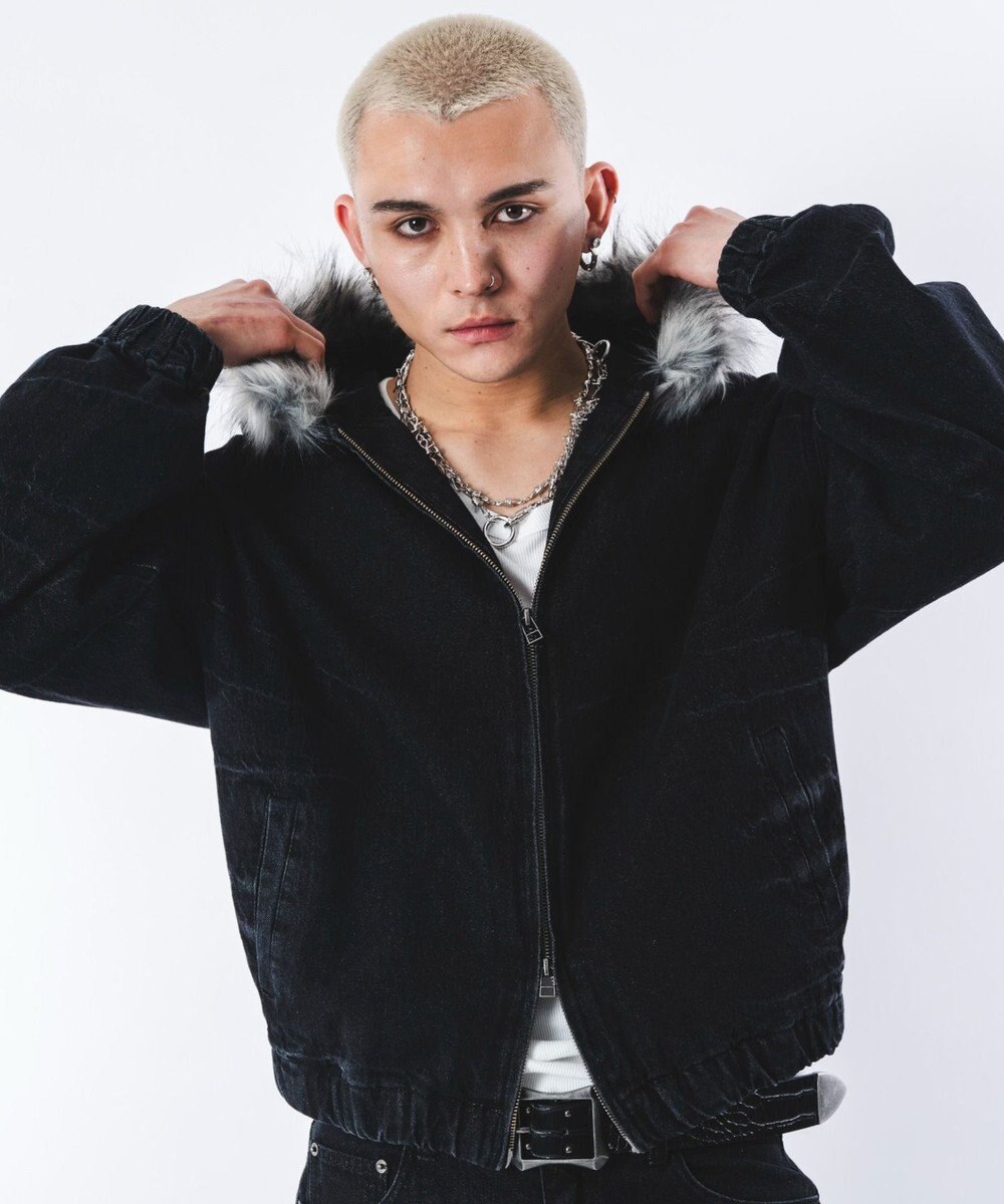 WEGO 【ユニセックス着用ITEM】ファーフードスラッシュデニムブルゾン 