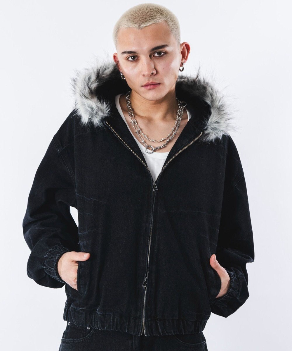 WEGO 【ユニセックス着用ITEM】ファーフードスラッシュデニムブルゾン 