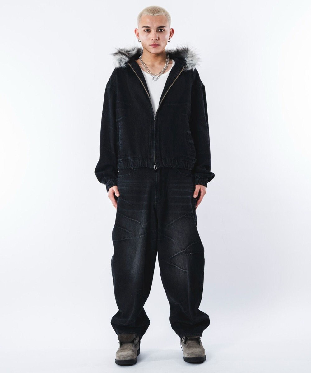 WEGO 【ユニセックス着用ITEM】ファーフードスラッシュデニムブルゾン 