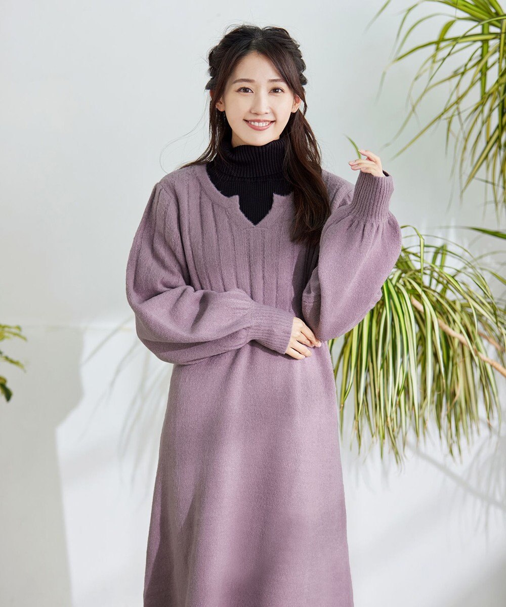 Tiaclasse L 【洗える】パフスリーブリブ編みニットワンピース 