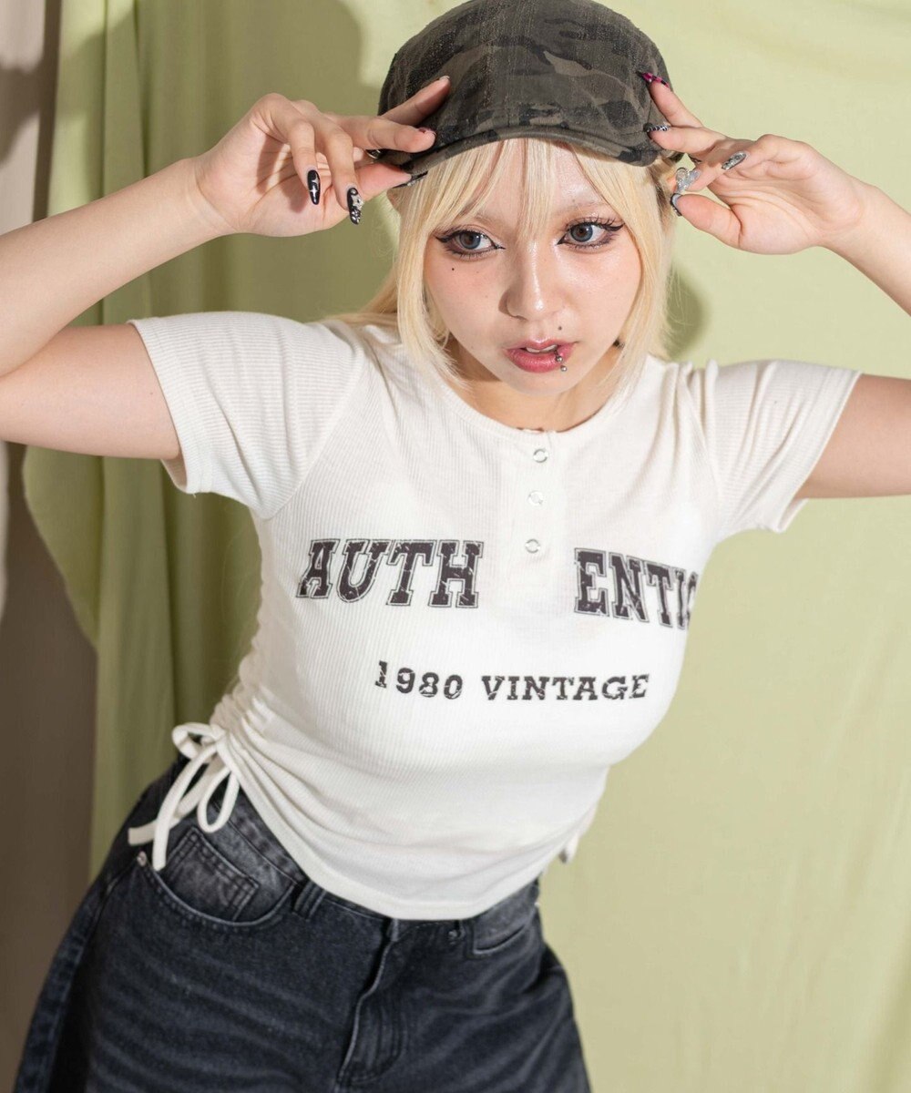 WEGO サイドギャザーヘンリーネックロゴT 