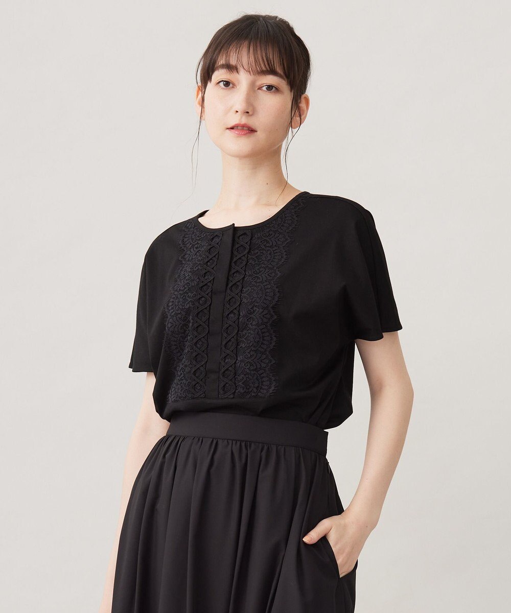 自由区 L 【洗える】コード刺繍胸元レース カットソー 