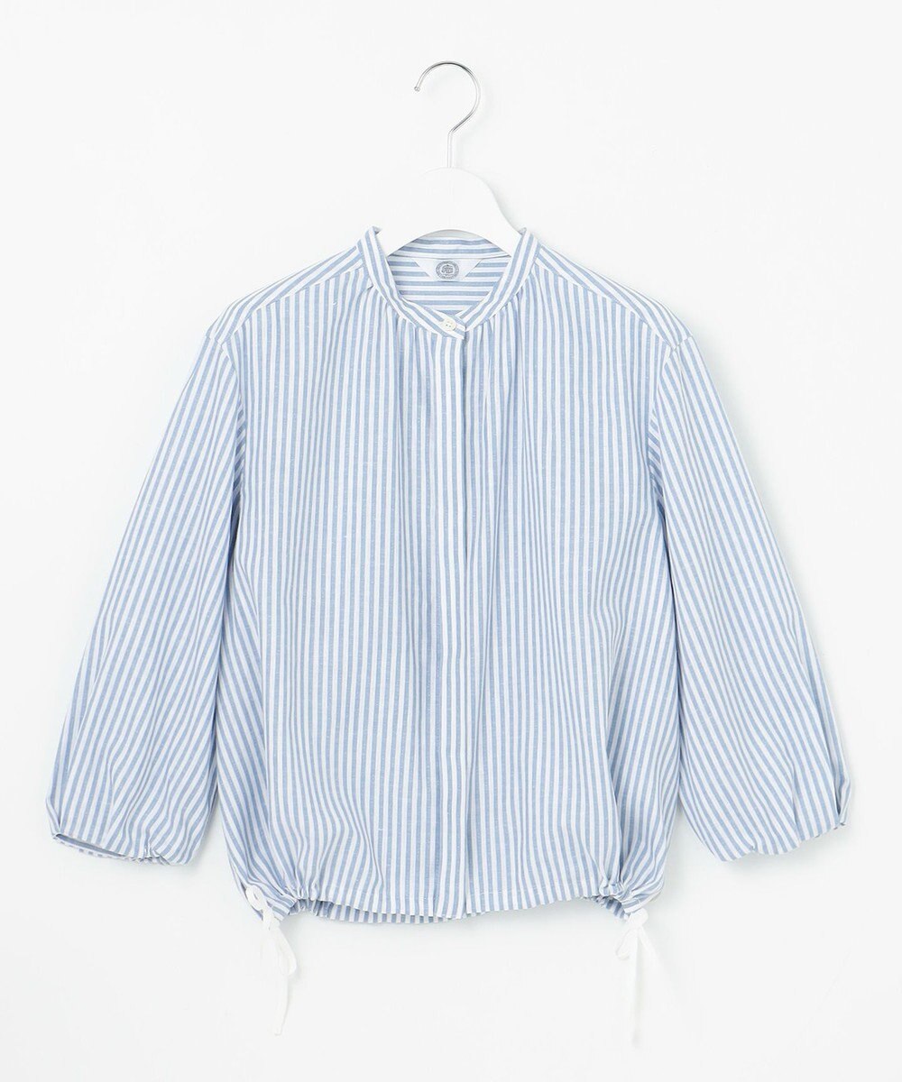 J.PRESS LADIES 【洗える・接触冷感・吸水速乾】麻STRIPE バンドカラー シャツ ブラウス 