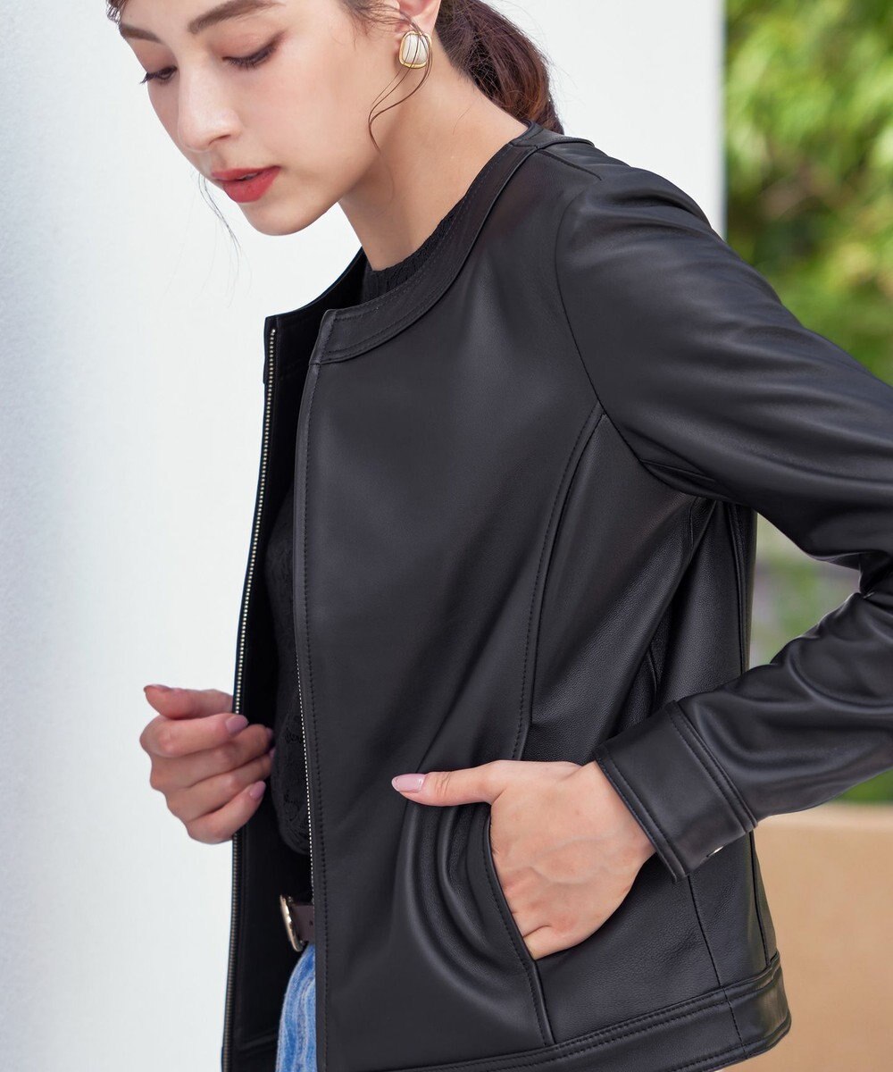 Tiaclasse L 【本革】ノーカラーシープレザージャケット 