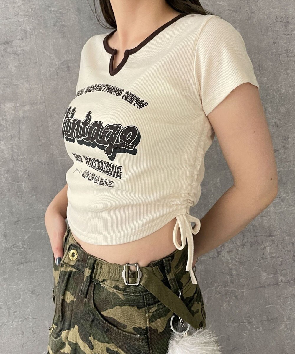 WEGO 配色サイドギャザーVネックT 