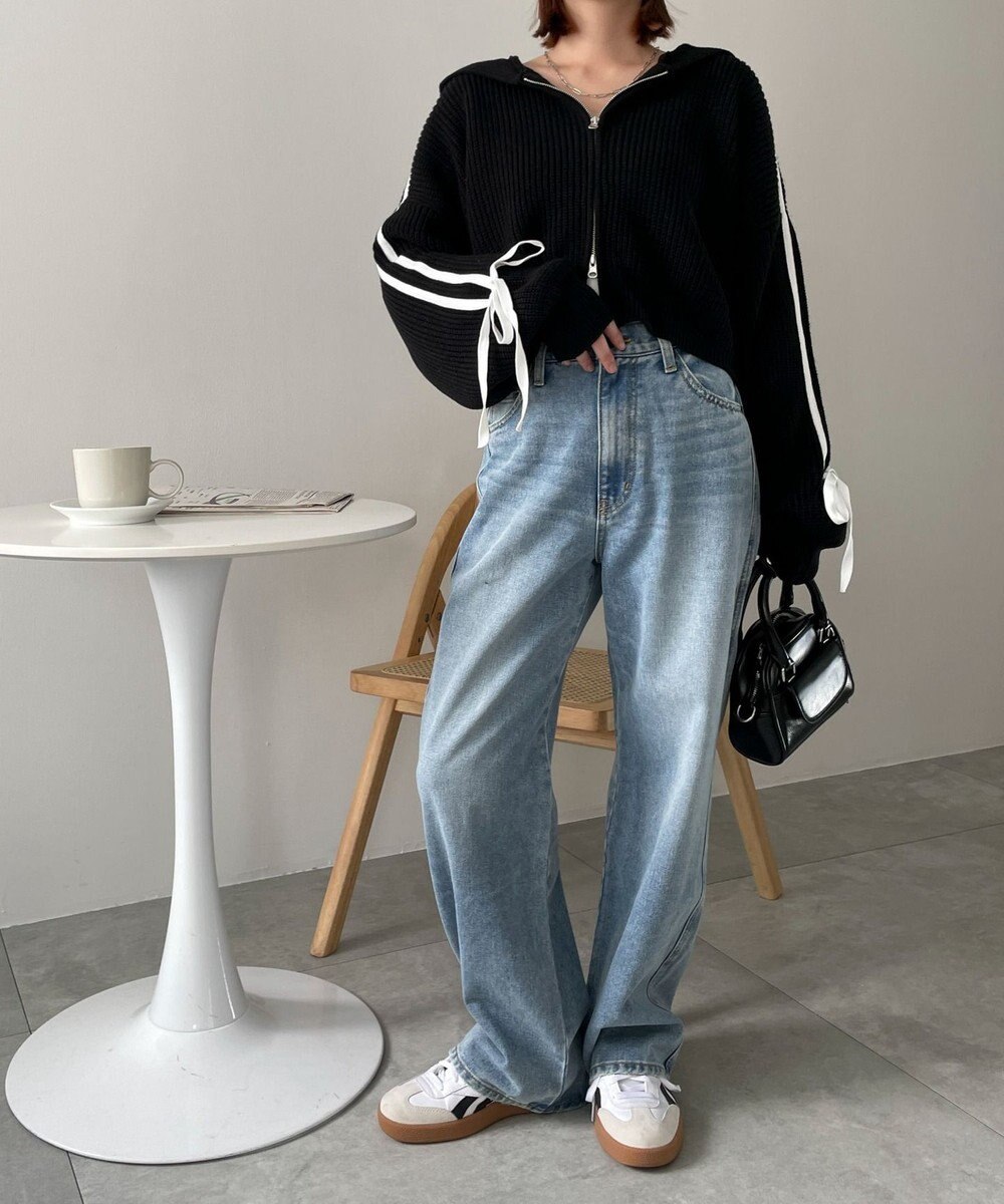 WEGO ラインリボンダブルジップニットパーカー 