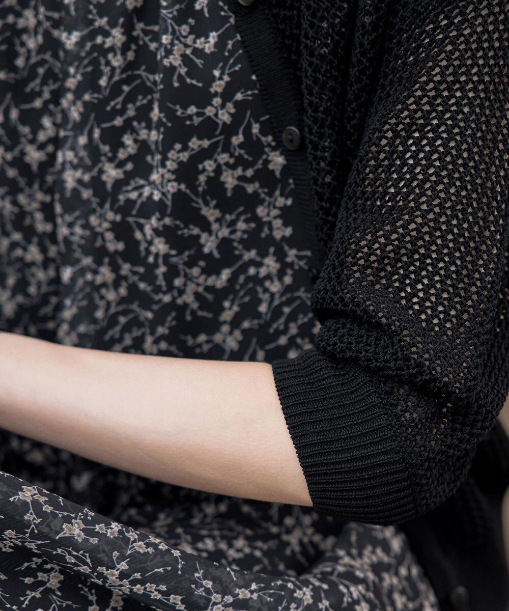 Tiaclasse L 【新色追加・洗える】パフスリーブ透かし編みニットカーディガン 