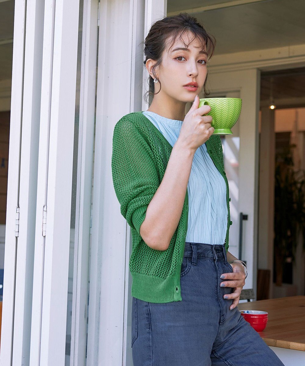 Tiaclasse L 【新色追加・洗える】パフスリーブ透かし編みニットカーディガン 