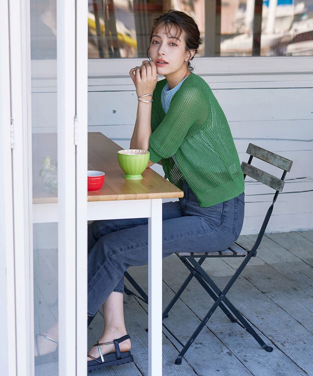 Tiaclasse L 【新色追加・洗える】パフスリーブ透かし編みニットカーディガン 