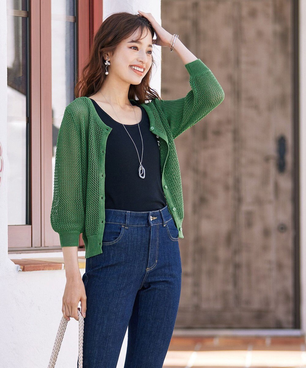 Tiaclasse L 【新色追加・洗える】パフスリーブ透かし編みニットカーディガン 