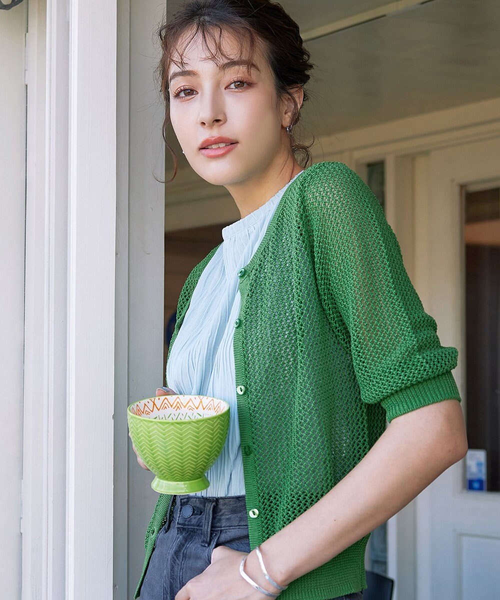 Tiaclasse L 【新色追加・洗える】パフスリーブ透かし編みニットカーディガン 