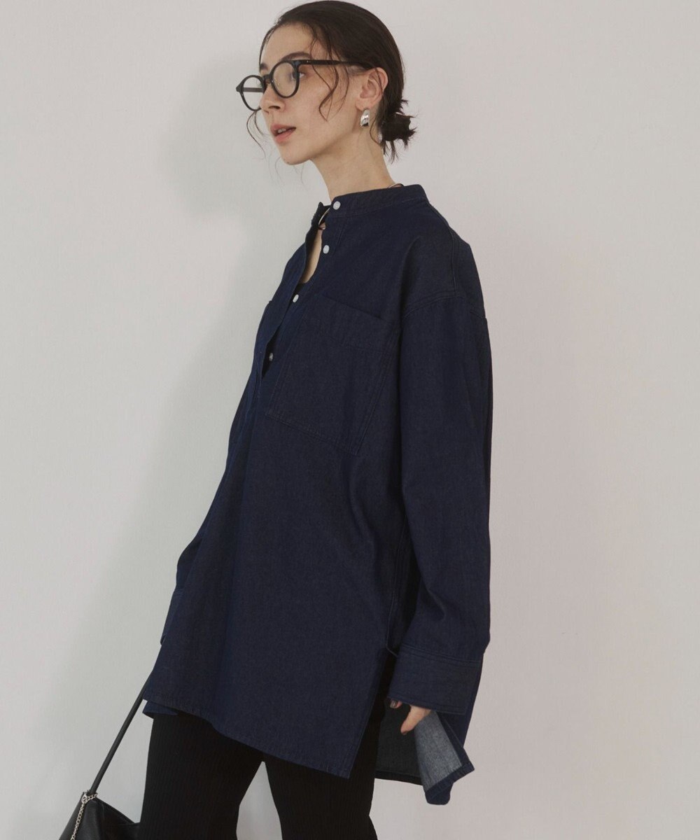 WEGO 【ANGIE VINTAGE】襟が選べる デニム チュニック シャツ （バンドカラー/レギュラーカラー） 