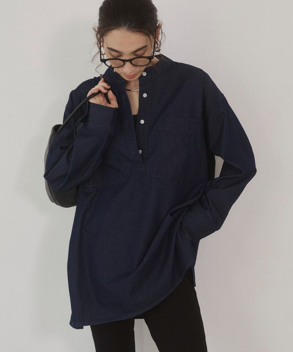 WEGO 【ANGIE VINTAGE】襟が選べる デニム チュニック シャツ （バンドカラー/レギュラーカラー） 