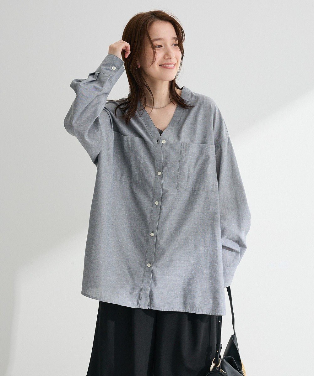 Green Parks 綿麻混Ｖネックオーバーサイズシャツ 