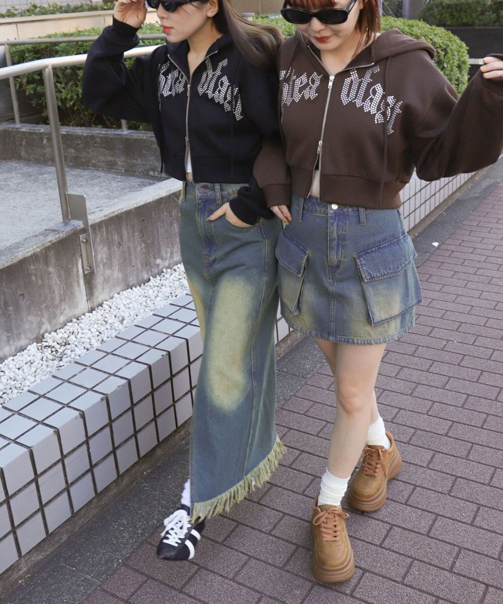 WEGO 【裏起毛】ラインストーン裏起毛ショートジップパーカー 