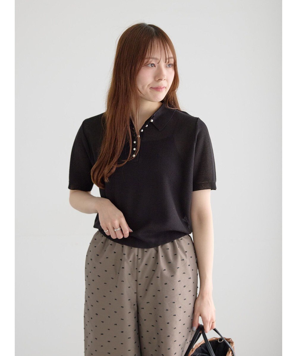 Te chichi 【マシンウォッシャブル】パール釦メッシュニットポロ 