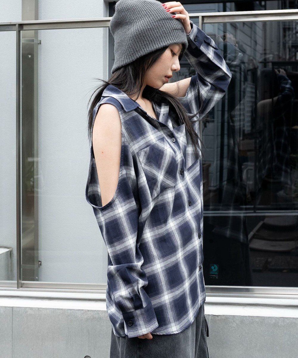 WEGO オープンショルダーチェックBIGシャツ 