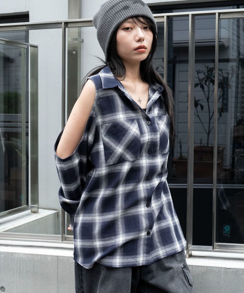 WEGO オープンショルダーチェックBIGシャツ 