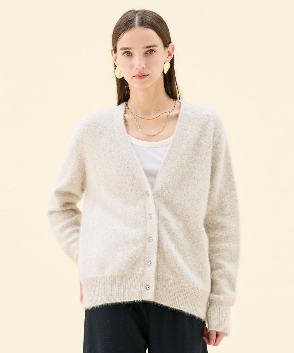BEIGE， AMARILLO / スパンコールフォックスニットカーディガン 