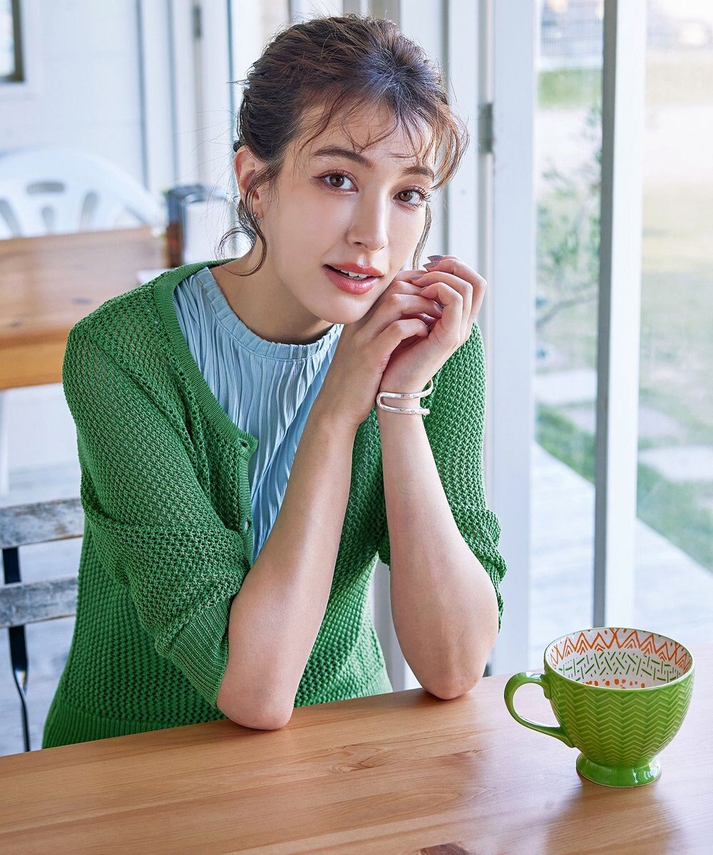 Tiaclasse L 【新色追加・洗える】パフスリーブ透かし編みニットカーディガン 