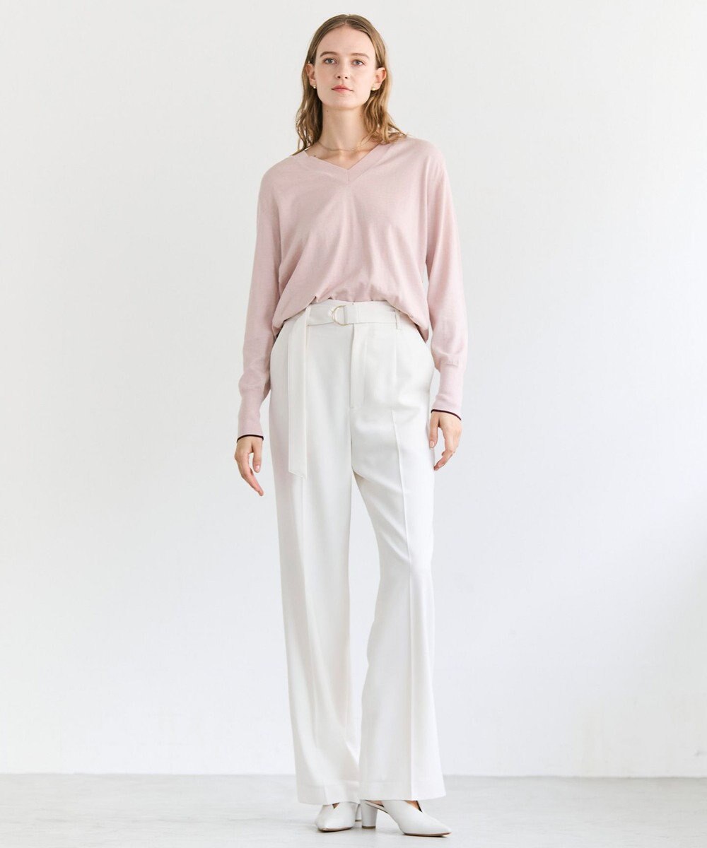 BEIGE， CHLOR / ウールシルクツイルドッキングVネックニット 