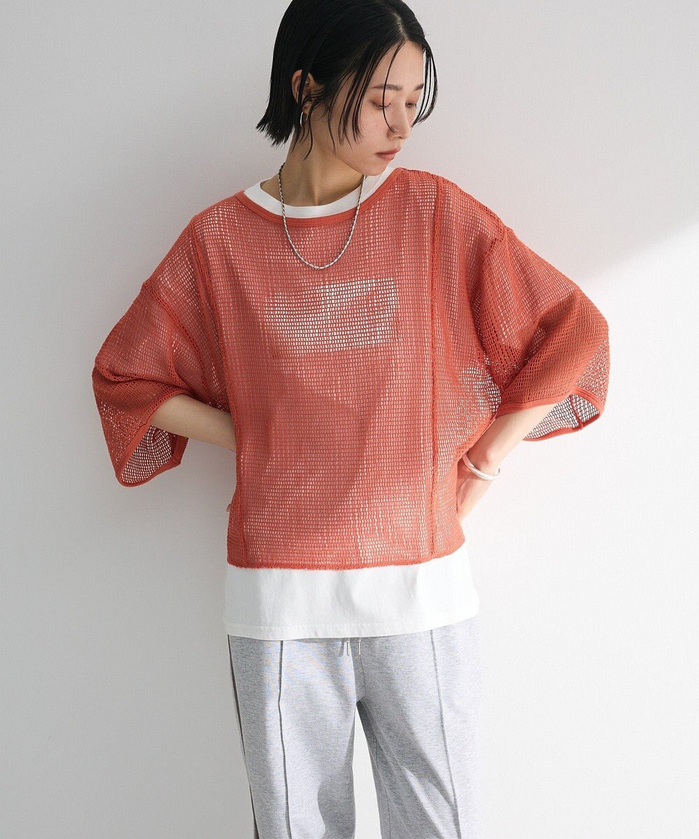 Green Parks 七分袖コットンメッシュラグラントップス 