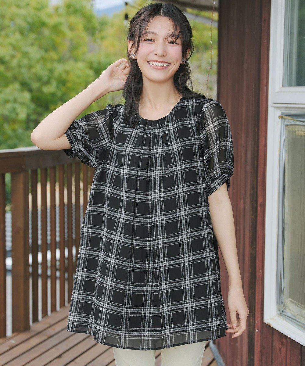 Tiaclasse L シフォンチェックパフスリーブチュニック 
