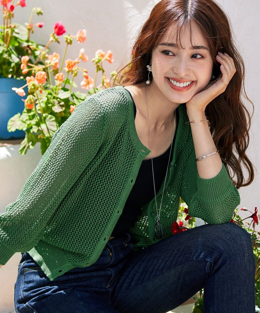 Tiaclasse L 【新色追加・洗える】パフスリーブ透かし編みニットカーディガン 