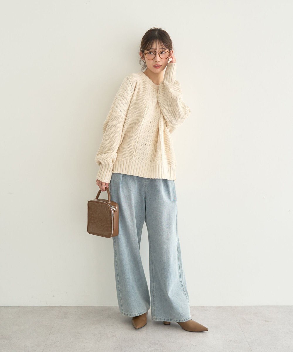 earth music&ecology 【洗濯機洗い可】アンチピリングC/Aパッチワークケーブルニット 