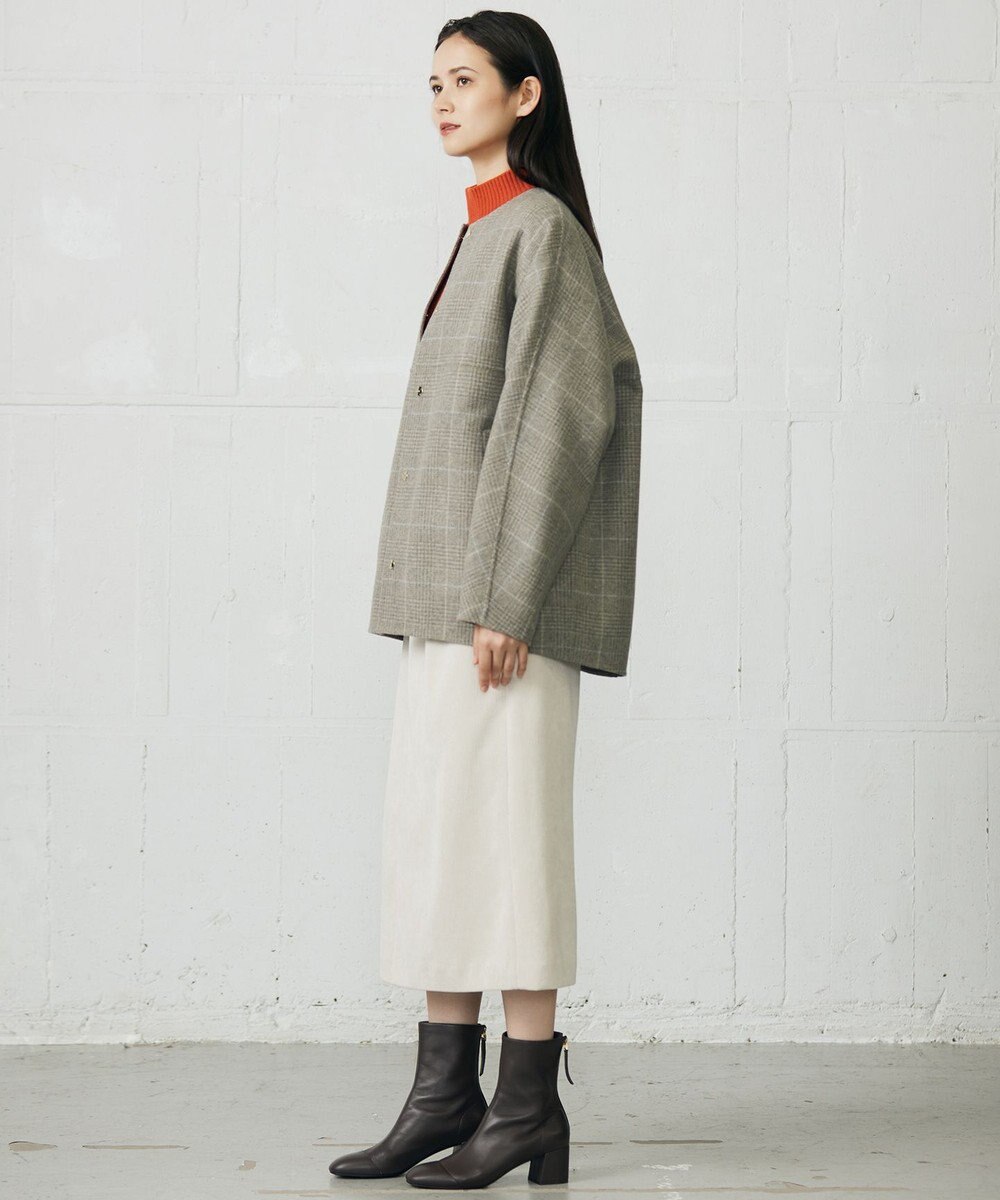 自由区 L 【17号サイズまで展開・カタログ掲載】ウールリバーチェック柄ノーカラー コート 