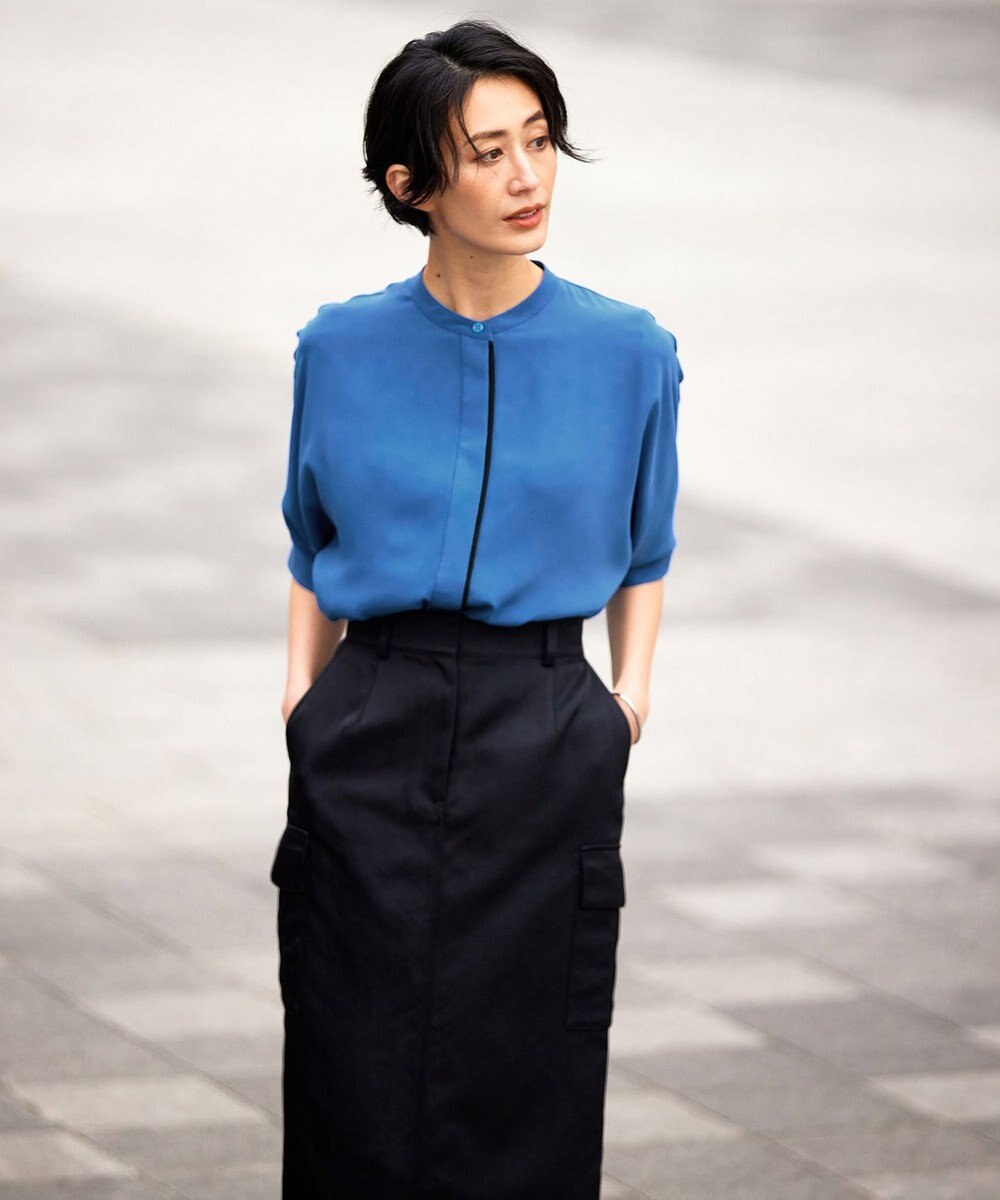 ICB L 【新色追加・接触冷感・UVケア・速乾・洗える】BackSatinAmunzen 5分袖バンドカラーブラウス 