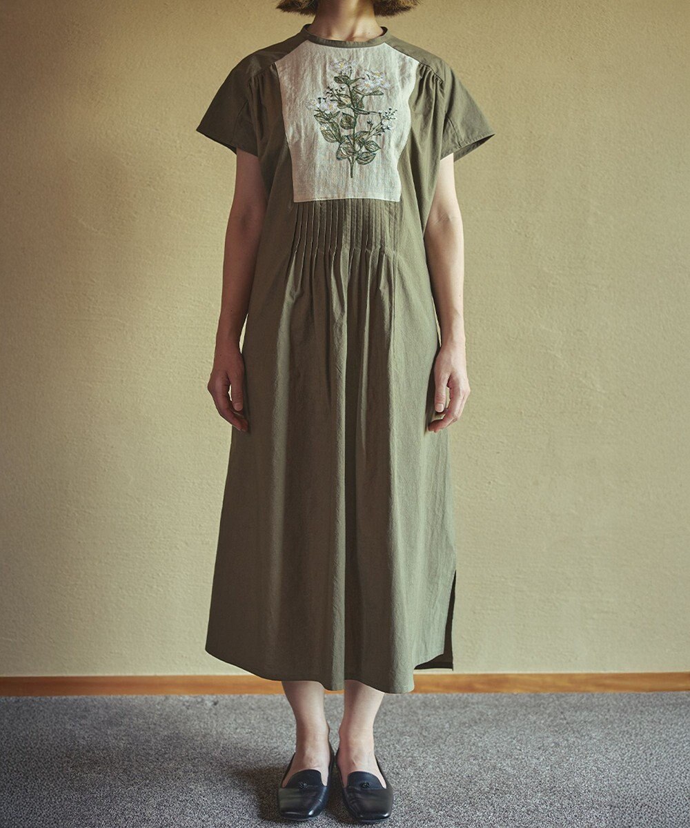 muuc ジャスミン刺繍フレンチスリーブワンピース〈日本製・綿100%天然素材・遠州織物〉〈繊細な花刺繍〉〈上品なロング丈〉〈ゆったりフリーサイズ〉〈大人の夏ワンピ〉 