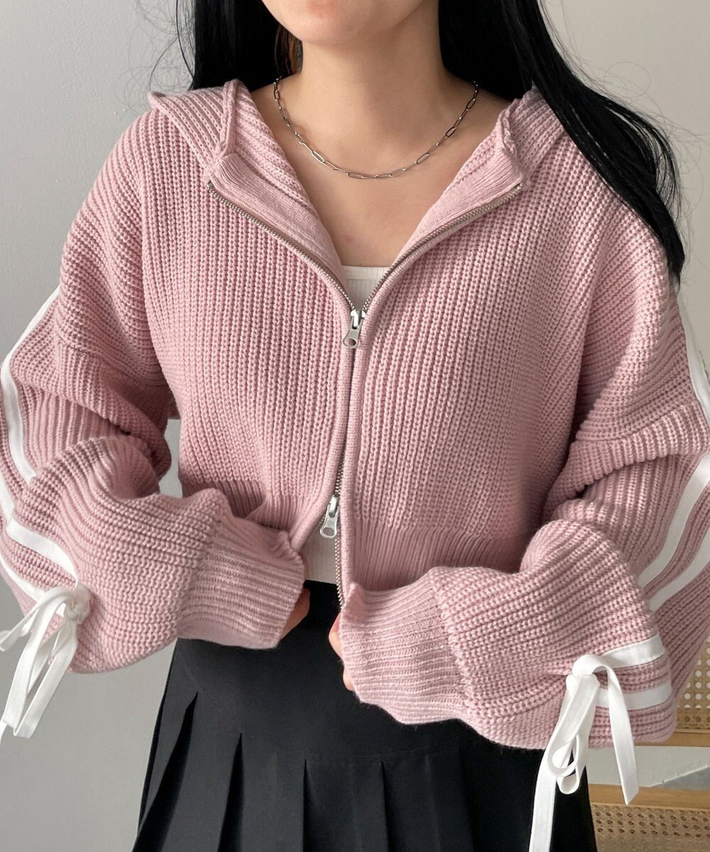 WEGO ラインリボンダブルジップニットパーカー 