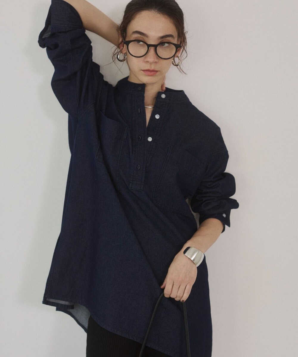 WEGO 【ANGIE VINTAGE】襟が選べる デニム チュニック シャツ （バンドカラー/レギュラーカラー） 