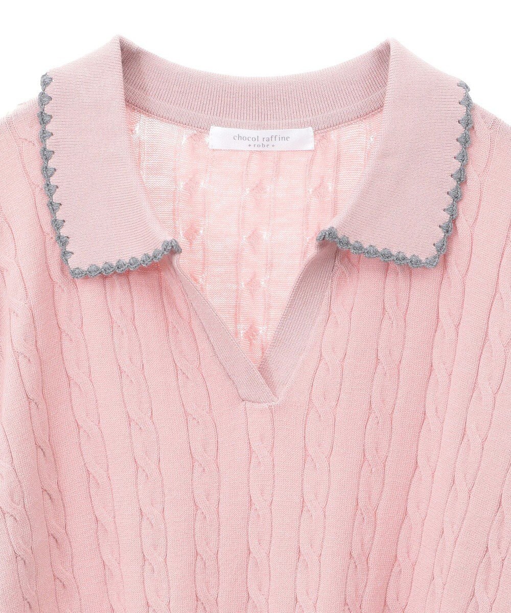 Green Parks チャーミーキティ／衿付き半袖ケーブルニット 