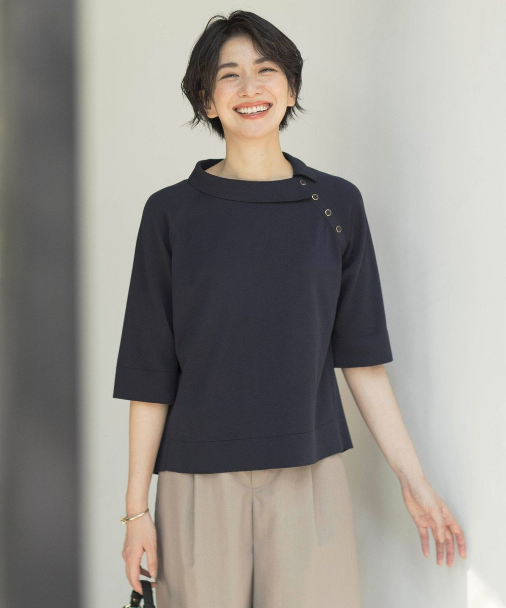 J.PRESS LADIES 【洗える】COTTON POLYESTER 襟付き ニット ネイビー系