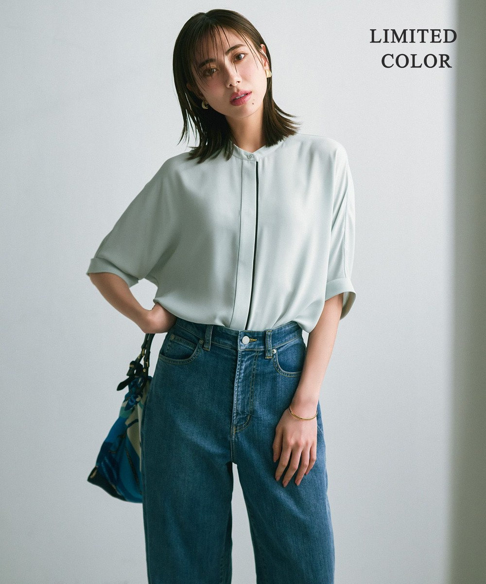 ICB L 【人気のため新色追加・接触冷感・UVケア・速乾・洗える】BackSatinAmunzen 5分袖バンドカラーブラウス 