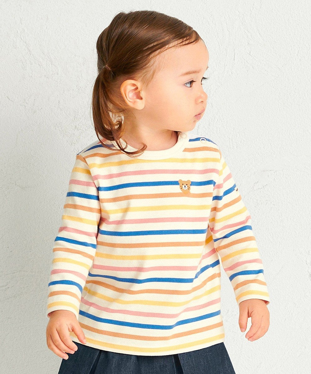 MIKI HOUSE HOT BISCUITS 【80-120cm】ボーダー柄 ワンポイント長袖Tシャツ 