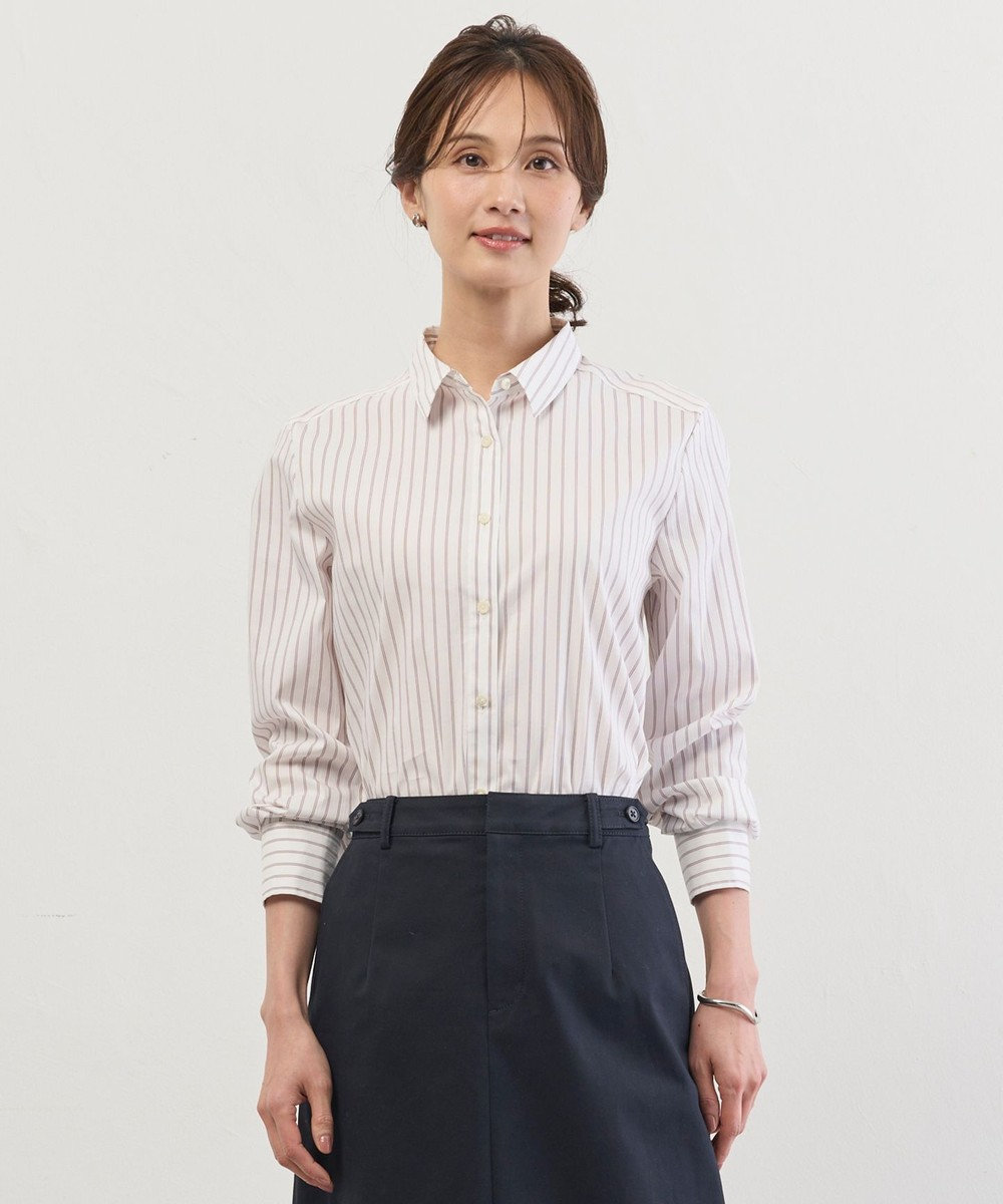 J.PRESS LADIES BEZコットンナイロン ストライプ シャツカラー ブラウス 