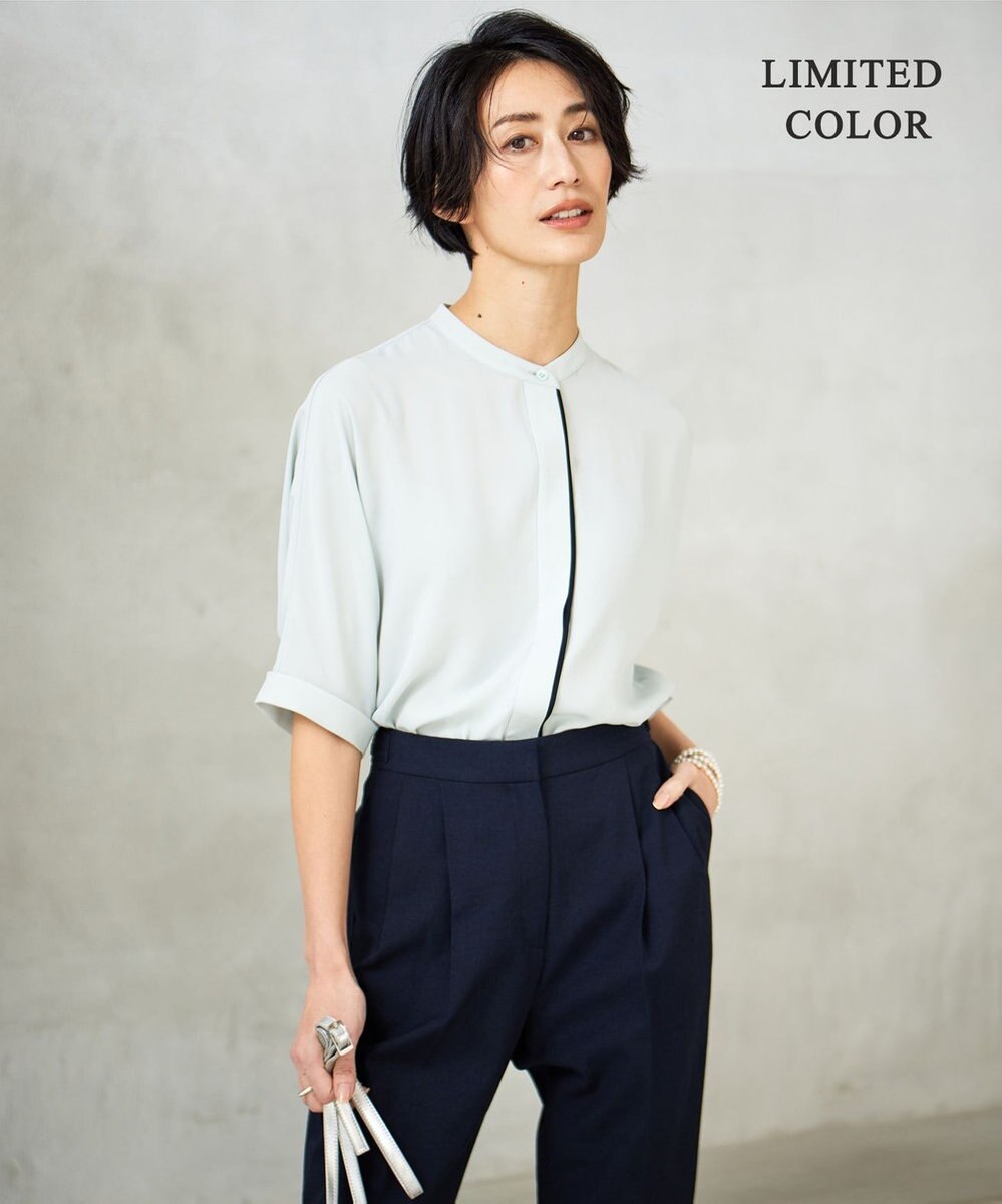 ICB 【新色追加・接触冷感・UVケア・速乾・洗える】BackSatinAmunzen 5分袖バンドカラーブラウス 