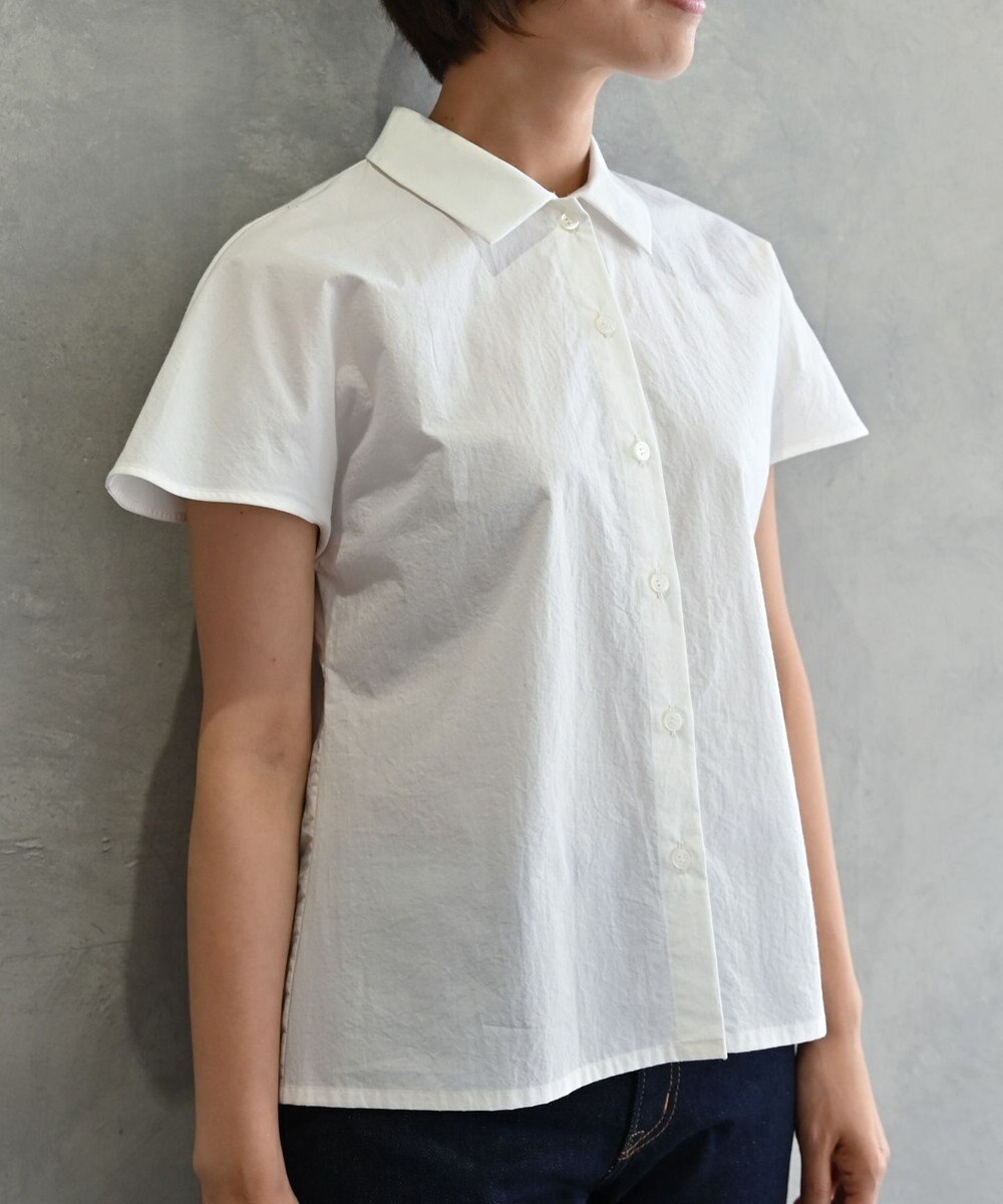 muuc 〈ドライタッチな上質コットン100%〉〈タイプライター生地〉後ろギャザー入り フレンチスリーブのブラウス 