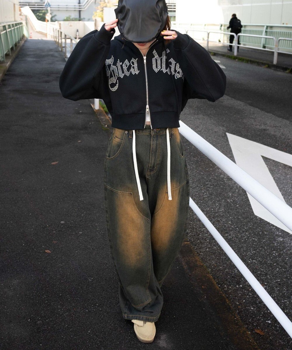 WEGO 【裏起毛】ラインストーン裏起毛ショートジップパーカー 