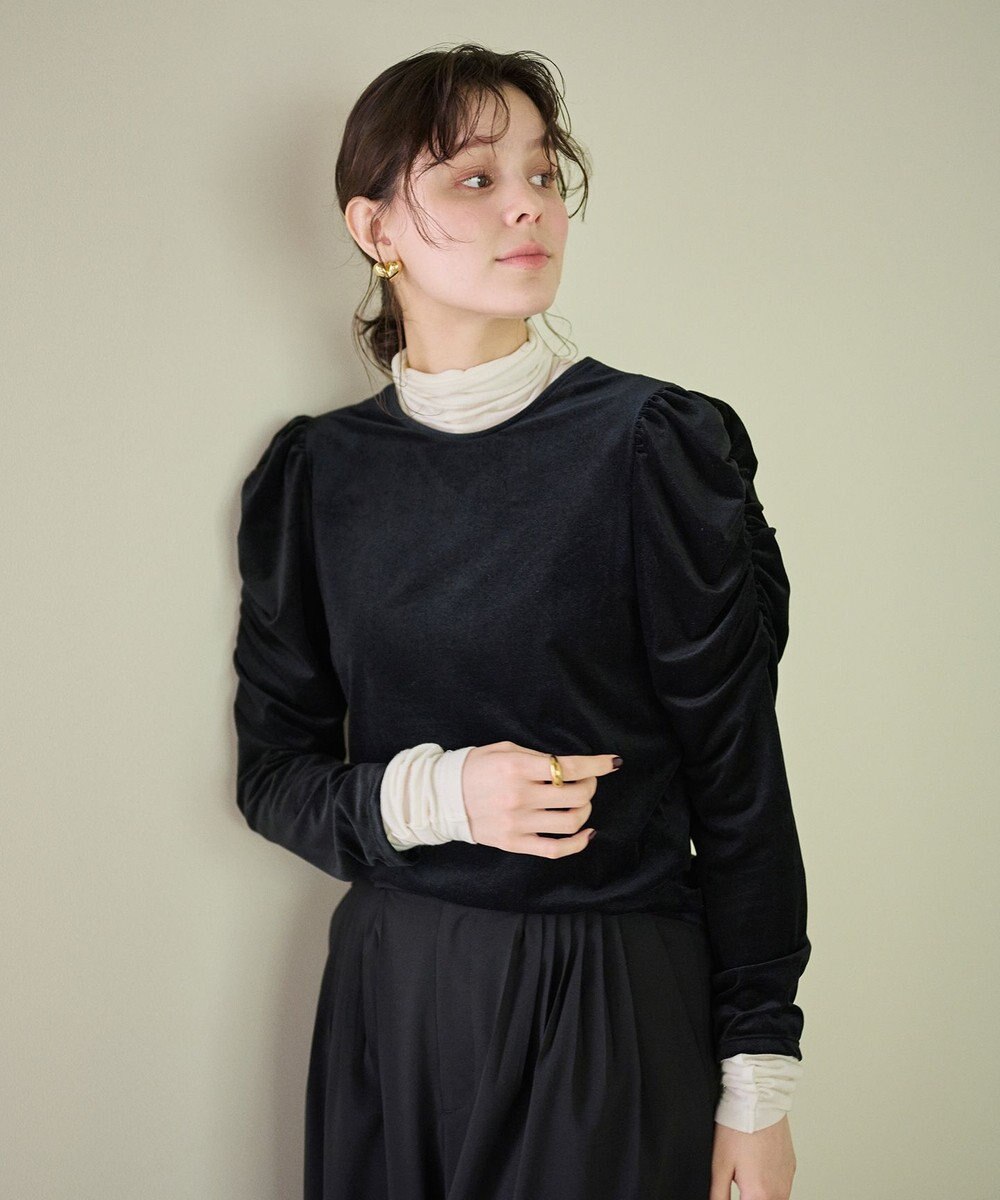 #Newans 【洗濯機可／ 前後着用可】 ギャザースリーブシアーベロアカーディガン 