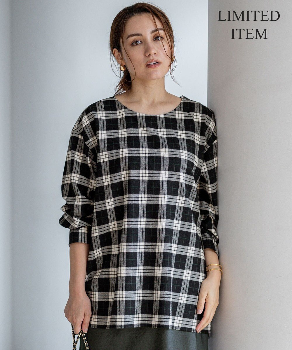 23区 L 【Lサイズ限定】ブラッシュド ビエラチェック ノーカラーブラウス 
