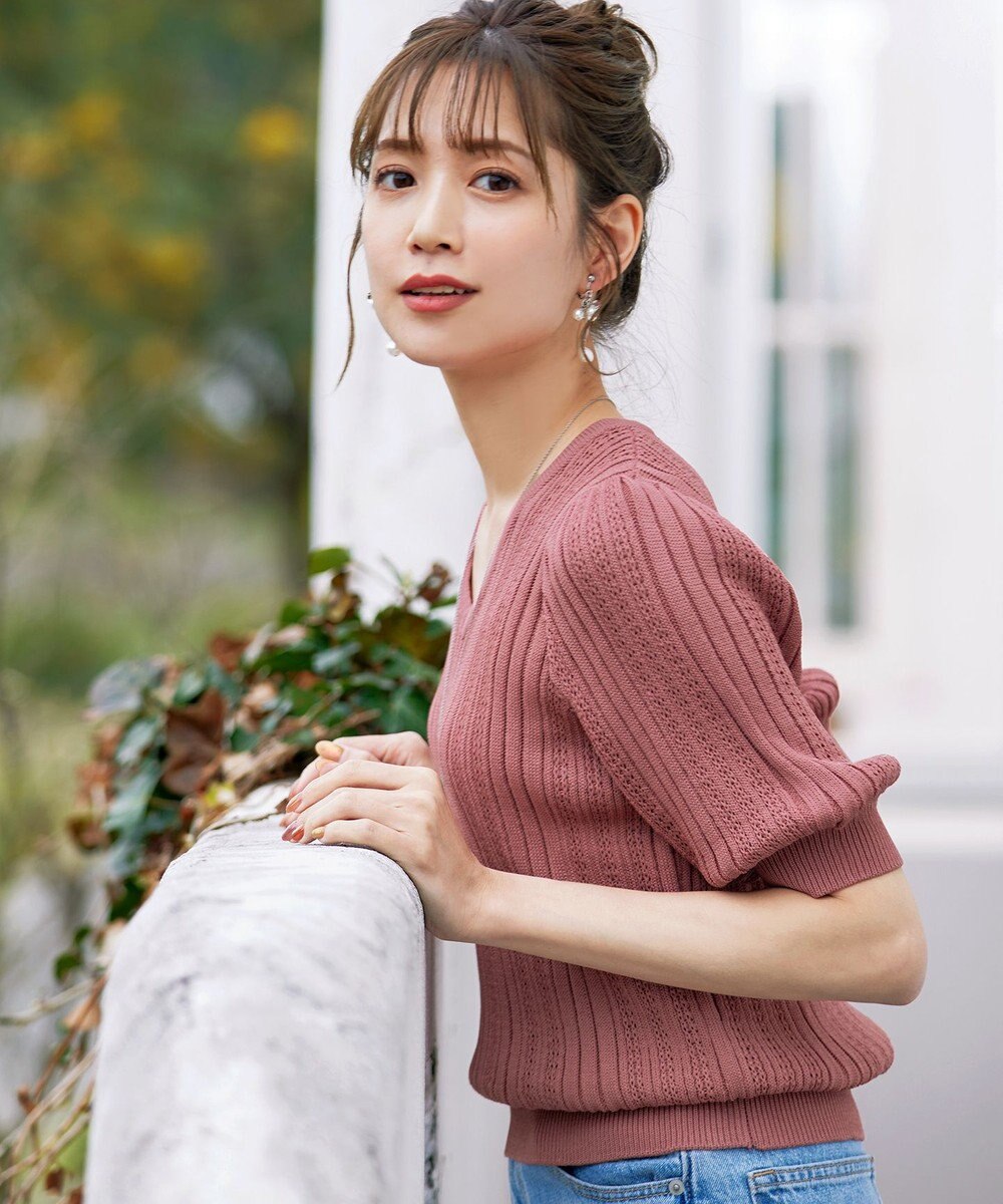 Tiaclasse L 【洗える】パフスリーブ透かし編みニットトップス 