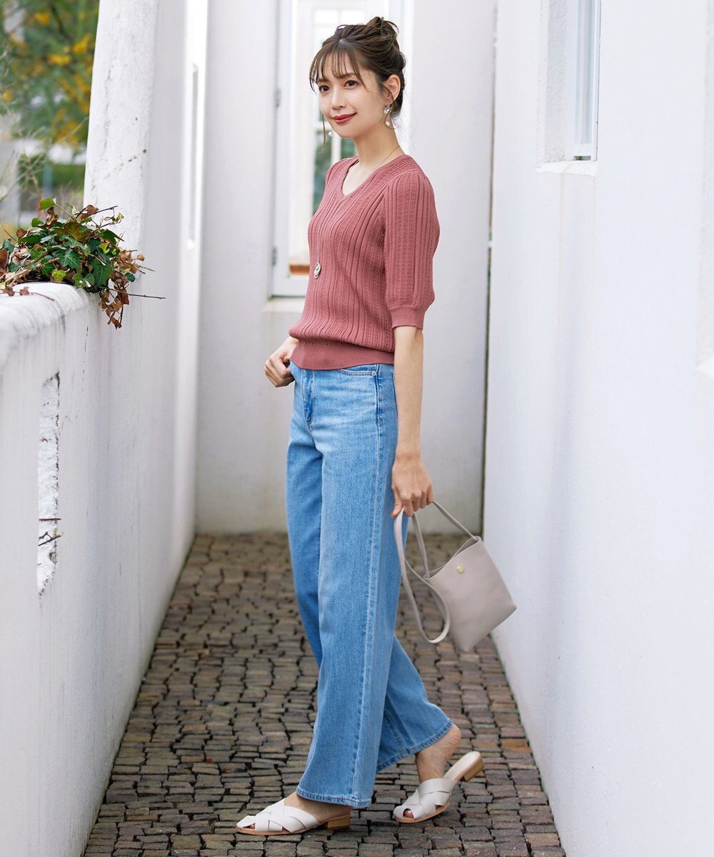 Tiaclasse L 【洗える】パフスリーブ透かし編みニットトップス 