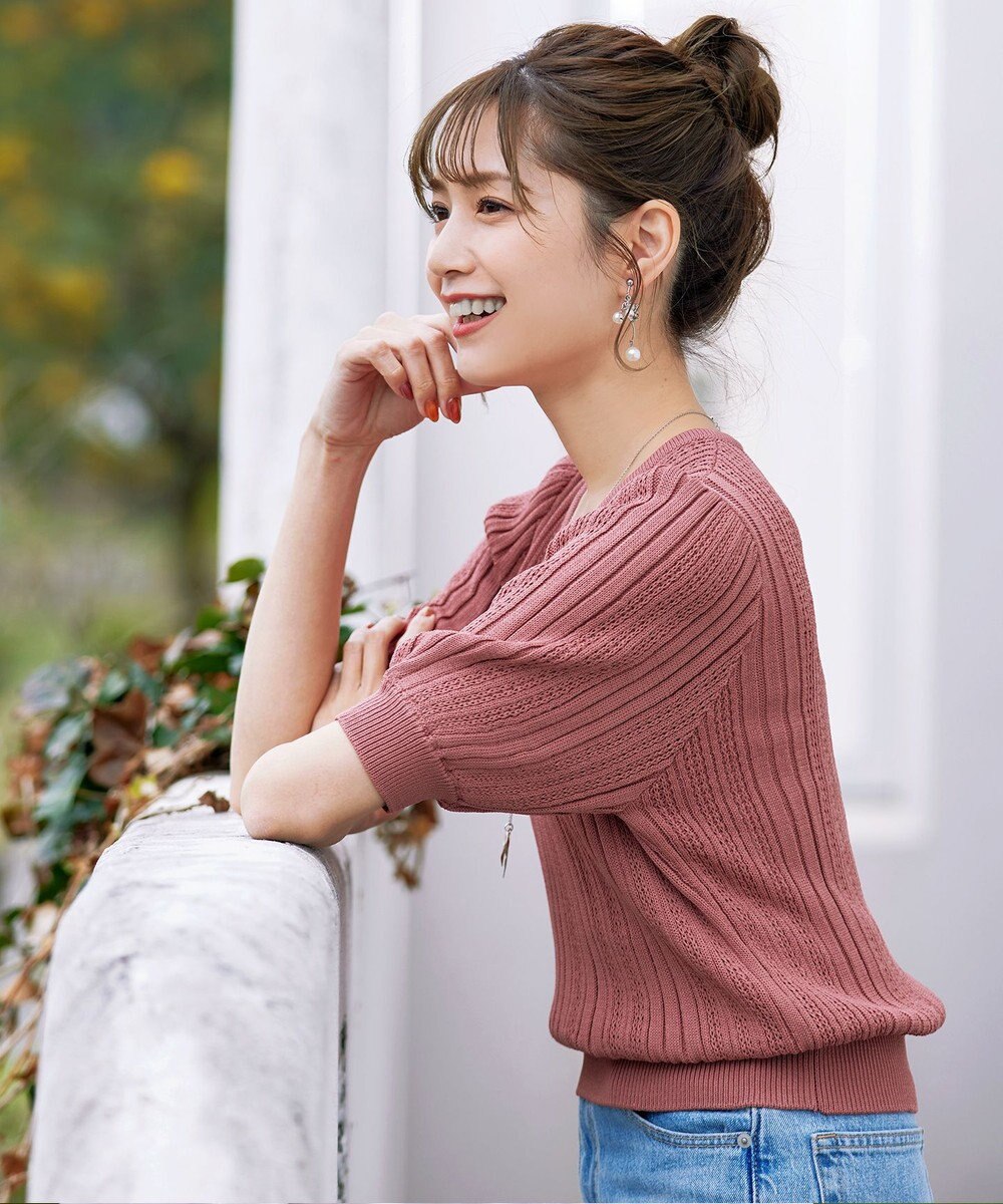 Tiaclasse L 【洗える】パフスリーブ透かし編みニットトップス 